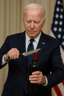 This picture of Joe Biden was generated by AI. I asked for a picture of a president holding a knife against a wine bottle. In this case, isn't he "less than human?"